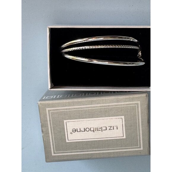 Liz Claiborne Silver-Tone Bangle Bracelet Set With Rhinestone Heart Charm - Picture 2 of 5